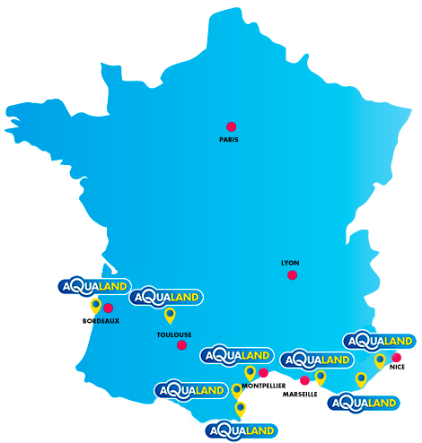 Map avec l'emplacement des parcs d'Aqualand en France