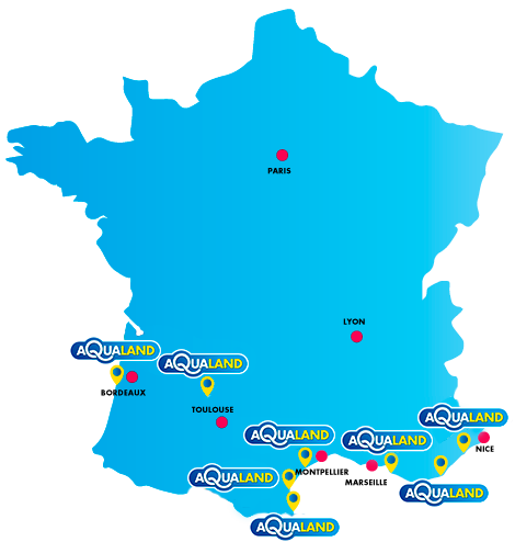 Map avec l'emplacement des parcs d'Aqualand en France